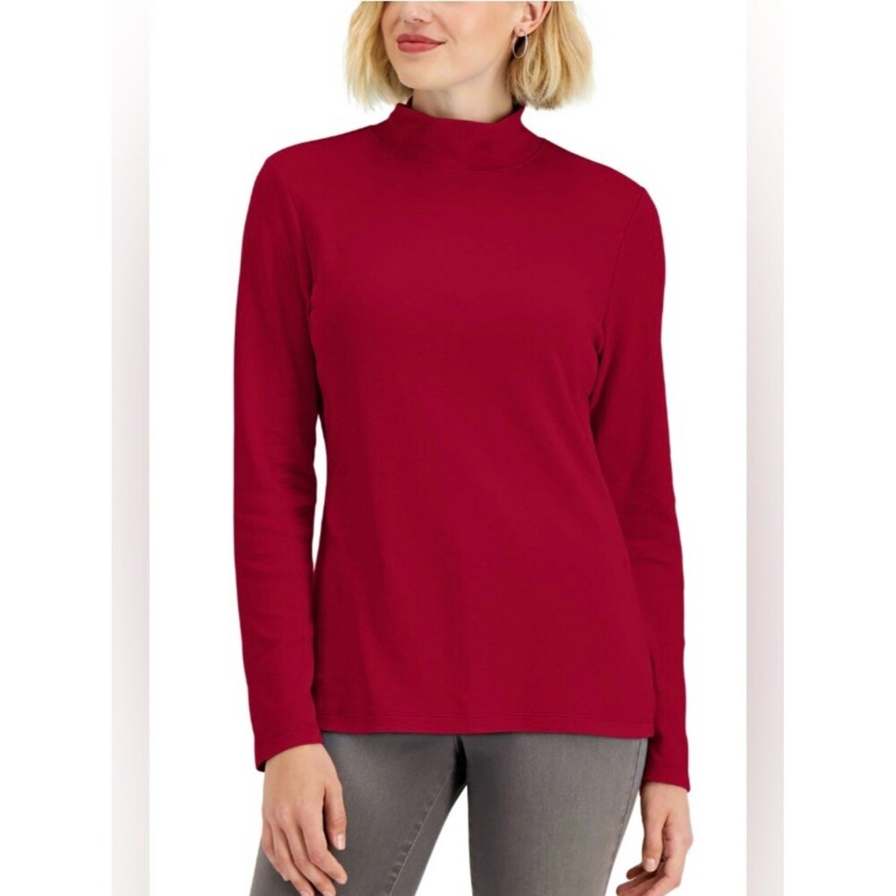Karen Scott XL Dark Red 100% Cotton Long Sleeve Mock Neck Top